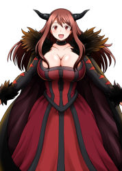 Rule 34 | 10s, 1girl, :d, breasts, brown hair, choker, cleavage, fur trim, horns, jean-louis (yuasa rengou), large breasts, long hair, maou (maoyuu), maoyuu maou yuusha, open mouth, red eyes, simple background, smile, solo, white background