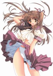 Rule 34 | 1girl, absurdres, blush, bow, bow panties, brown eyes, brown hair, carnelian, covering privates, covering crotch, embarrassed, hair ribbon, highres, lace, lace-trimmed panties, lace trim, lingerie, long hair, miniskirt, panties, pantyshot, petticoat, pleated skirt, ribbon, school uniform, serafuku, skirt, skirt tug, solo, surprised, twintails, underwear, upskirt, white panties, wind, wind lift