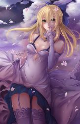 Rule 34 | 1girl, artoria pendragon (all), artoria pendragon (fate), blonde hair, bow, breasts, cleavage, clothes lift, cowboy shot, detached collar, dress, dress lift, elbow gloves, fate/stay night, fate/unlimited codes, fate (series), finger to mouth, flower, garter straps, gloves, green eyes, hair bow, hair flower, hair ornament, hair ribbon, highres, katrina lynn, lips, nose, official alternate costume, panties, petals, ponytail, ribbon, saber (fate), saber (pure night dress) (fate), saber lily, showgirl skirt, signature, solo, thighhighs, underwear, white dress, white gloves, white thighhighs