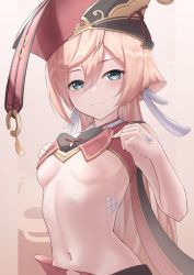 Rule 34 | 1girl, :3, antlers, bare arms, bare shoulders, blonde hair, blue eyes, breasts, genshin impact, hair between eyes, hat, highres, horns, long hair, looking at viewer, marinesnow, midriff, navel, no bra, red hat, revealing clothes, scales, sleeveless, small breasts, smile, solo, stomach, underboob, upper body, yanfei (genshin impact)