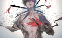 Rule 34 | 1boy, androgynous, black hair, black reaper, collarbone, commentary request, gloves, gradient background, grey background, hair over one eye, hand up, highres, impaled, kaneki ken, knife, koujima shikasa, looking at viewer, male focus, navel, open clothes, open shirt, red eyes, red gloves, shirt, short hair, smile, solo, tokyo ghoul, tokyo ghoul:re, upper body