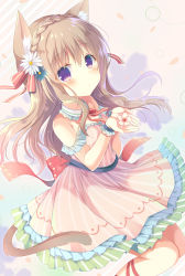 Rule 34 | 1girl, :o, animal ears, bare shoulders, blue flower, blush, bow, braid, cat ears, cat girl, cat tail, commentary request, dress, flower, hair between eyes, hair bow, hair flower, hair ornament, hands up, light brown hair, long hair, looking at viewer, original, own hands together, parted lips, pink bow, pink dress, pink flower, purple eyes, shiiba nae, solo, strapless, strapless dress, striped, striped bow, tail, very long hair, white flower