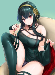 Rule 34 | 1girl, bare shoulders, black dress, black gloves, black hair, black panties, black thighhighs, breasts, cleavage, closed mouth, dagger, dress, floral print, flower, gloves, gold hairband, green background, hair flower, hair ornament, hairband, highres, hinata sora, holding, holding dagger, holding knife, holding weapon, knee up, knife, large breasts, long hair, nail polish, panties, pantyshot, pink nails, red eyes, rose, rose print, sidelocks, simple background, sitting, skirt hold, smile, solo, spikes, spy x family, thighhighs, two-sided dress, two-sided fabric, underwear, weapon, yor briar