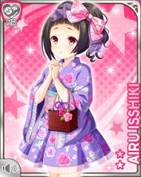 Rule 34 | 1girl, arms at sides, bag, black hair, bow, character name, closed mouth, flower, girlfriend (kari), hair bow, hands by face, holding, isshiki airu, japanese clothes, kimono, official art, pink background, pink bow, pink sash, purple kimono, qp:flapper, red eyes, rose, sash, smile, solo, standing, tagme