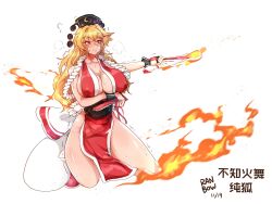 Rule 34 | 1girl, breasts, cleavage, cosplay, fatal fury, fire, highres, huge breasts, junko (touhou), large breasts, mature female, shiranui mai (cosplay), solo, tagme, touhou