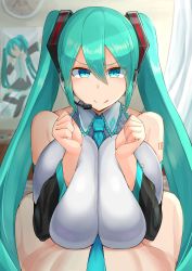 Rule 34 | 1boy, 1girl, absurdres, alternate breast size, aqua hair, bare shoulders, between breasts, blue eyes, breasts, cleavage, clothed female nude male, detached sleeves, facominn, hair ornament, hatsune miku, hetero, highres, huge breasts, implied paizuri, long hair, looking at viewer, necktie, necktie between breasts, nude, paizuri, paizuri under clothes, poster (object), twintails, very long hair, vocaloid