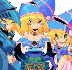 Rule 34 | 3girls, absurdres, blonde hair, blush stickers, breasts, cleavage, closed mouth, collarbone, dark magician girl, dark magician girl the dragon knight, green eyes, highres, jiansketch, large breasts, long hair, looking at viewer, multiple girls, pot of greed, smile, toon dark magician girl, yu-gi-oh!
