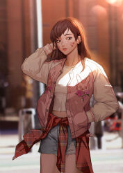 Rule 34 | 1girl, blurry, blurry background, brown eyes, brown hair, casual, d.va (overwatch), day, facial mark, hand in pocket, hand on own head, highres, jacket, lips, long hair, long sleeves, looking at viewer, nasaca, open clothes, open jacket, outdoors, overwatch, shirt, shorts, solo, standing, white shirt