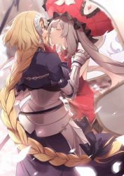 Rule 34 | 2girls, armor, armored dress, blonde hair, blurry, blurry background, braid, capelet, chain, dress, closed eyes, fate/grand order, fate (series), faulds, gauntlets, gloves, hair ribbon, headpiece, highres, jeanne d&#039;arc (fate), jeanne d&#039;arc (ruler) (fate), long braid, long hair, marie antoinette (fate), multiple girls, no-kan, open mouth, plackart, red dress, red gloves, red headwear, ribbon, short dress, silver hair, single braid, sleeveless, sleeveless dress, surprised, surprised, twintails, very long hair