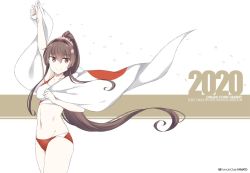 Rule 34 | 1girl, 2020, alternate costume, arm up, brown eyes, brown hair, character name, collarbone, commentary request, fate (series), female focus, flag, floating hair, flower, groin, hair between eyes, hair flower, hair ornament, japanese flag, kantai collection, long hair, matching hair/eyes, navel, nero claudius (fate), nero claudius (fate) (all), nero claudius (olympian bloomers) (fate), olympics, petals, pink flower, ponytail, shigino sohuzi, smile, solo, very long hair, yamato (kancolle)