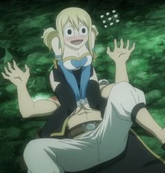 Rule 34 | 1boy, 1girl, animated, animated gif, blonde hair, blush, fairy tail, lucy heartfilia, natsu dragneel, sitting, sitting on face, sitting on person, straddling, thighhighs