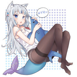 Rule 34 | 1girl, ai cao, animal ear fluff, animal ears, bare arms, bare shoulders, between legs, between thighs, blue eyes, blue hair, brown pantyhose, camisole, cat ears, commentary, english commentary, fins, fish tail, full body, gawr gura, grey hair, hair ornament, highres, hololive, hololive english, looking at viewer, multicolored hair, no shoes, panties, panties under pantyhose, pantyhose, parted lips, polka dot, polka dot background, romaji text, shark tail, solo, speech bubble, strap slip, streaked hair, stuffed animal, stuffed shark, stuffed toy, tail, thighband pantyhose, two side up, underwear, virtual youtuber, white background, white camisole