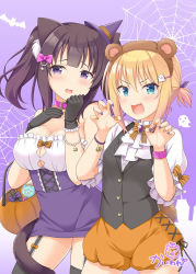 Rule 34 | 2girls, :d, animal ear fluff, animal ears, bat (animal), bear ears, black gloves, black hair, black legwear, black vest, blonde hair, blue eyes, blush, bow, breasts, brooch, candy, cat ears, claw pose, cleavage, collar, commentary request, fake animal ears, fang, food, frilled gloves, frills, garter straps, ghost, gloves, hair between eyes, halloween, halloween bucket, jewelry, kaiware-san, lollipop, medium breasts, multicolored nails, multiple girls, nail polish, open mouth, orange bow, orange nails, orange shorts, original, pink collar, puffy short sleeves, puffy shorts, puffy sleeves, purple background, purple eyes, purple nails, purple skirt, shirt, short shorts, short sleeves, shorts, signature, silk, skirt, smile, spider web, striped, striped bow, swirl lollipop, thighhighs, twintails, v-shaped eyebrows, vest, white shirt