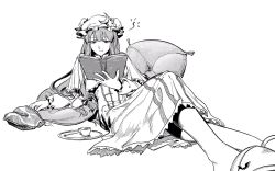 Rule 34 | 1girl, bat ornament, blunt bangs, book, bow, breasts, capelet, chips (food), crescent, crescent hat ornament, crescent pin, crossed legs, crumbs, cup, double bun, dress, e (you33ou), eating, food, footwear ornament, frilled sleeves, frills, hair bow, hair bun, hat, hat ornament, hat ribbon, highres, holding, holding book, loafers, long dress, long hair, long sleeves, lying, medium breasts, mob cap, monochrome, on back, on pillow, patchouli knowledge, perspective, pillow, purple hair, reading, ribbon, shadow, shoes, simple background, sleepy, solo, spoon, striped clothes, striped dress, teacup, touhou, tray, vertical-striped clothes, vertical-striped dress, very long hair, white background