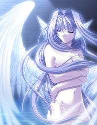 Rule 34 | 1girl, angel, angel wings, blue hair, breast hold, breasts, completely nude, closed eyes, head wings, long hair, lucy fouque, men at work! 2, nude, solo, very long hair, wings, yamamoto kazue