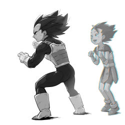 Rule 34 | 10s, 2boys, :d, armor, black eyes, black hair, boots, bracelet, clenched hands, dirty, dirty face, dragon ball, dragon ball super, dragonball z, expressionless, fighting stance, frown, gloves, greyscale, happy, highres, jewelry, kyabe, looking at another, looking away, male focus, monochrome, multiple boys, open mouth, serious, short hair, simple background, smile, spiked hair, supobi, vegeta, white background