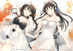 Rule 34 | 2girls, azur lane, bare shoulders, black bow, black hair, blue bow, bow, breasts, chestnut mouth, cleavage, collarbone, detached sleeves, dress, glasgow (azur lane), looking at viewer, low twintails, lpip, lying, maid headdress, medium breasts, multiple girls, newcastle (azur lane), official art, open mouth, red bow, short sleeves, smile, star (symbol), twintails, white dress, wrist cuffs