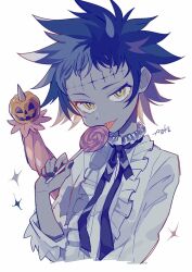 Rule 34 | 1girl, auko, black bow, black bowtie, blue hair, bow, bowtie, candy, colored skin, commentary, d.gray-man, english commentary, facial mark, food, frilled shirt, frills, grey skin, highres, holding, holding food, jack-o&#039;-lantern, looking at viewer, road kamelot, shirt, short hair, signature, simple background, smile, solo, sparkle, stitches, tongue, tongue out, umbrella, white background, white shirt, yellow eyes