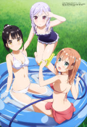 Rule 34 | 10s, 3girls, :d, :o, absurdres, amatsuki mashiro, barefoot, bikini, black hair, blue one-piece swimsuit, blush, body blush, braid, breasts, brown eyes, cleavage, collarbone, day, floral print, from above, from behind, grass, green eyes, gun, hair between eyes, hair ornament, hair over shoulder, hair scrunchie, hairclip, hanasaka yui, highres, holding, holding gun, holding hose, holding weapon, hose, kneeling, light brown hair, looking at viewer, magazine scan, medium breasts, megami magazine, multiple girls, nanahashi minori, navel, official art, one-piece swimsuit, one room, open mouth, outdoors, parted lips, ponytail, print bikini, red bikini, red sarong, sarong, scan, scrunchie, side-tie bikini bottom, silver hair, single braid, sitting, skindentation, smile, swimsuit, tani takuya, thigh gap, wading pool, wariza, water, water gun, weapon, white bikini, white scrunchie