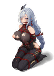 Rule 34 | 1girl, absurdres, bare shoulders, bdsm, blue eyes, bondage, bound, breasts, gag, gagged, genshin impact, hair ornament, highres, large breasts, long hair, looking at viewer, mikae (famu8783), nipples, rope gag, shenhe (genshin impact), shibari, solo, tears, thick thighs, thighs, torn clothes, white background, white hair