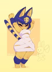 Rule 34 | 1boy, 1girl, :&lt;, animal crossing, ankha (animal crossing), arms up, bandages, breasts, butterfly net, cat girl, cleavage, egyptian clothes, furry, furry female, hair ornament, hand net, highres, huffslove, nintendo, rabbit boy, short hair, snake hair ornament, stretching, striped tail, tail, thick thighs, thighs, underboob, wide hips, yellow fur