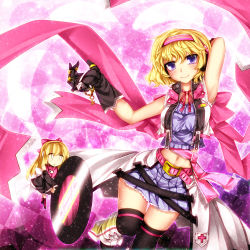 Rule 34 | 1girl, alice margatroid, alternate costume, belt, blonde hair, blush, bow, checkered background, doll, dress, female focus, gloves, hair bow, hairband, highres, kazetto, key, lock, long hair, md5 mismatch, open mouth, purple eyes, record, resolution mismatch, ribbon, shanghai doll, short hair, skirt, sleeveless, smile, solo, source smaller, thighhighs, touhou