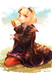 Rule 34 | 1girl, animal ears, arknights, bear ears, black dress, black jacket, blonde hair, candy hair ornament, day, dress, food, food-themed hair ornament, frying pan, full body, gummy (arknights), hair ornament, hairclip, hand up, hemorina, highres, holding, holding food, jacket, long sleeves, on grass, open clothes, open jacket, orange pantyhose, outdoors, pantyhose, puffy long sleeves, puffy sleeves, red eyes, sandwich, seiza, sitting, sleeves past wrists, solo, twitter username