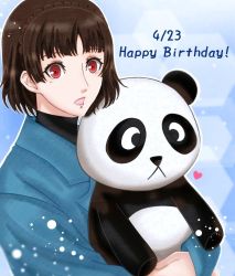 Rule 34 | 1girl, aqua coat, artist name, artist request, black scarf, blush, braid, brown gloves, brown hair, coat, crown braid, female focus, gloves, heart, highres, holding, holding stuffed animal, long sleeves, looking at viewer, niijima makoto, persona, persona 5, persona 5 the royal, red eyes, scarf, short hair, solo, stuffed animal, stuffed panda, stuffed toy, upper body, winter clothes