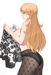 Rule 34 | 1girl, absurdres, artist name, black panties, black pantyhose, blonde hair, blue eyes, blush, breasts, closed mouth, commentary request, from side, hands up, highres, holding, holding clothes, holding shirt, idolmaster, idolmaster million live!, idolmaster million live! theater days, large breasts, long hair, panties, panties under pantyhose, pantyhose, profile, shinomiya karen, shirt, simple background, solo, tomid, topless, underwear, white background