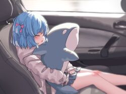 Rule 34 | 1girl, aoi tori, blue hair, blue skirt, blurry, blurry background, blush, bow, car interior, closed eyes, commentary request, depth of field, feet out of frame, from side, hair bow, highres, hood, hood down, hoodie, long sleeves, hugging object, one side up, original, parted lips, pink bow, pleated skirt, puffy long sleeves, puffy sleeves, seatbelt, skirt, sleeping, sleeves past wrists, solo, stuffed animal, stuffed dolphin, stuffed toy, teru-chan (aoi tori), white hoodie