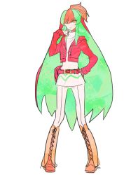 Rule 34 | 1girl, bad id, bad pixiv id, belt, boots, closed mouth, creatures (company), cross-laced footwear, frown, full body, game freak, gen 6 pokemon, gloves, green hair, hair between eyes, hand on own hip, hawlucha, hood, hood down, hooded jacket, jacket, kz 609, lace-up boots, long hair, long sleeves, looking away, looking to the side, multicolored hair, nintendo, orange eyes, orange footwear, orange hair, pants, personification, pokemon, pokemon xy, pouch, red belt, red gloves, red hair, red jacket, ringed eyes, shirt, simple background, single glove, solo, standing, turtleneck, very long hair, white background, white pants, white shirt