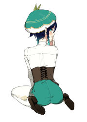 Rule 34 | 1boy, androgynous, argyle, argyle clothes, argyle legwear, ass, beret, black hair, blue hair, blush, braid, butterfly sitting, commentary, commentary request, corset, covering own mouth, english commentary, from behind, genshin impact, gradient hair, green eyes, green shorts, hat, highres, kkopoli, leaf, long sleeves, looking at viewer, looking back, male focus, mixed-language commentary, multicolored hair, open mouth, pantyhose, shirt, shoes, short hair with long locks, shorts, side braids, sidelocks, simple background, sitting, solo, twin braids, venti (genshin impact), white background, white pantyhose, white shirt