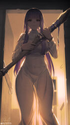 Rule 34 | 1girl, artist name, backlighting, breasts, commentary request, covered navel, dress, fern (sousou no frieren), highres, holding, holding staff, large breasts, long hair, looking at viewer, purple eyes, purple hair, see-through, see-through dress, see-through silhouette, signature, sousou no frieren, staff, v-shaped eyebrows, very long hair, white dress, yuxing yuhang