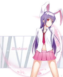 Rule 34 | 1girl, absurdres, animal ears, character name, collared shirt, earrings, highres, jewelry, ken-1, long hair, long sleeves, looking at viewer, miniskirt, navel, necktie, photoshop (medium), pink necktie, pink skirt, purple hair, rabbit ears, rabbit girl, red eyes, red necktie, reisen udongein inaba, revision, shirt, skirt, solo, touhou, white background, white shirt