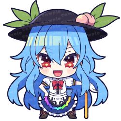 Rule 34 | 1girl, :d, black headwear, blue hair, blue skirt, bow, bowtie, food, fruit, full body, highres, hinanawi tenshi, holding, holding sword, holding weapon, leaf, long hair, looking at viewer, open mouth, peach, rainbow gradient, red bow, red bowtie, red eyes, sample watermark, short sleeves, skirt, smile, solo, standing, sword, touhou, transparent background, very long hair, watermark, weapon, yoriteruru