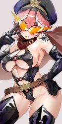 Rule 34 | 1girl, ass, belt, black gloves, blue eyes, breasts, cameltoe, cape, collarbone, cowboy shot, elbow gloves, gloves, grey background, hat, head wings, highres, hololive, huge ass, kajimakoto, large breasts, legs, looking at viewer, narrow waist, one-piece swimsuit, pink hair, revealing clothes, simple background, solo, standing, sunglasses, swimsuit, takane lui, tattoo, thick thighs, thighs, virtual youtuber, wings