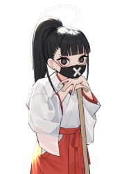 Rule 34 | 1girl, 28 (282teeth), absurdres, alternate costume, black mask, blue archive, blunt bangs, broom, hakama, halo, head rest, highres, holding, holding broom, japanese clothes, kimono, looking at viewer, mask, miko, mouth mask, own hands together, ponytail, red hakama, simple background, solo, sukeban (smg) (blue archive), tagme, white background, white kimono, x