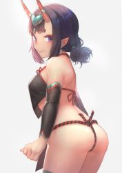 Rule 34 | 1girl, ass, back, bare shoulders, blush, breasts, chinese clothes, closed mouth, detached sleeves, dudou, earrings, eyeliner, fate/grand order, fate (series), forehead jewel, fundoshi, headpiece, heart, horns, japanese clothes, jewelry, looking at viewer, low twintails, makeup, oni, otsukemono, pointy ears, purple eyes, purple hair, short eyebrows, short hair, short twintails, shuten douji (fate), shuten douji (fate/grand order), shuten douji (halloween caster) (fate), simple background, skin-covered horns, small breasts, smile, solo, thighs, twintails, white background