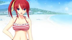 Rule 34 | 1girl, bare shoulders, beach, bikini, blue eyes, breasts, game cg, happy, hatsukoi 1/1, koizumi amane, long hair, looking at viewer, ocean, open mouth, ponytail, red hair, sand, sky, smile, solo, standing, swimsuit, tsukishima kyou, wallpaper, water