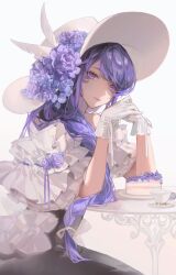 Rule 34 | 1girl, black skirt, braid, cake, commentary, crossed bangs, cup, elbow on table, flower, food, frilled shirt, frills, genshin impact, gloves, hat, hat flower, highres, light smile, long hair, looking at viewer, off-shoulder shirt, off shoulder, purple eyes, purple flower, purple hair, raiden shogun, ribbon, round table, saucer, shirt, sidelocks, simple background, sitting, skirt, solo, sun hat, symbol-only commentary, table, teacup, to e, white background, white gloves, white hat, white ribbon