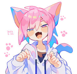 Rule 34 | 1boy, :d, absurdres, animal ears, blue eyes, blush, blush stickers, bright pupils, cat boy, cat day, cat ears, cat tail, claw pose, collarbone, commentary request, cowlick, dated, facing viewer, fang, fingernails, hair between eyes, half-closed eyes, heart, heart in mouth, heterochromia, highres, hood, hood down, hoodie, kemonomimi mode, long sleeves, looking at viewer, male focus, open mouth, original, paw print, pink eyes, pink hair, raito-kun (uenomigi), sharp fingernails, short hair, simple background, skin fang, smile, solo, tail, uenomigi, upper body, white background, white hoodie, white pupils