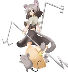 Rule 34 | 1girl, animal, animal ears, basket, capelet, dowsing rod, female focus, foreshortening, full body, grey hair, highres, looking back, midriff, mouse (animal), mouse ears, nazrin, red eyes, short hair, smile, solo, touhou, transparent background, zaki (artist)