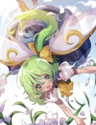 Rule 34 | 1girl, :d, ascot, ayahi 4, blue dress, blue sky, bow, cloud, commentary request, daiyousei, dress, fairy wings, flower, foot out of frame, green eyes, green hair, hair between eyes, hair bow, highres, long hair, looking at viewer, one side up, open mouth, outdoors, pinafore dress, puffy short sleeves, puffy sleeves, shirt, short sleeves, sky, sleeveless dress, smile, solo, touhou, upside-down, white flower, white shirt, wings, yellow ascot, yellow bow