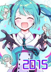 Rule 34 | 2015, 4girls, :d, aka pen onegai shimasu (vocaloid), andromeda andromeda (vocaloid), antennae, aoiyui, aqua hair, black dress, black gloves, blue background, closed eyes, commentary, crying, cube, dress, glasses, gloves, hatsune miku, headset, highres, holding, magical mirai (vocaloid), magical mirai miku, magical mirai miku (2015), mairieux (vocaloid), multiple girls, multiple persona, necktie, neon trim, open mouth, reaching, reaching towards viewer, see-through, smile, sparkle, twintails, vocaloid