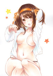Rule 34 | 1girl, arm behind head, arm up, black panties, breasts, brown eyes, brown hair, clothes lift, hair between eyes, hairband, highres, lifting own clothes, long sleeves, looking at viewer, medium breasts, midriff, mimi (mini1474), navel, open clothes, open mouth, open shirt, orange hairband, orange ribbon, panties, ribbon, shirt, shirt lift, short hair, simple background, sitting, solo, star (symbol), stomach, suzumiya haruhi, suzumiya haruhi no yuuutsu, teeth, underwear, white background, white shirt