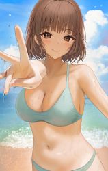 Rule 34 | 1girl, aqua bikini, bad arm, bad hands, bad id, bad pixiv id, bare shoulders, beach, bikini, blue sky, breasts, brown eyes, brown hair, cleavage, cloud, day, foreshortening, highres, large breasts, looking at viewer, mole, mole under mouth, myabit, navel, ocean, original, outdoors, outstretched arm, short hair, sky, smile, solo, stomach, swimsuit, wet