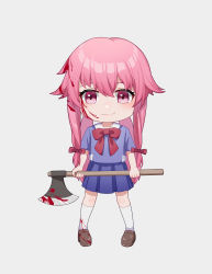 Rule 34 | 1girl, absurdres, bad id, bad pixiv id, blood, blood in hair, blood on clothes, blood on face, bloody weapon, bow, bowtie, brown footwear, chibi, closed mouth, full body, gasai yuno, grey background, hair between eyes, hair bow, highres, kneehighs, loafers, long hair, miniskirt, mirai nikki, pink eyes, pink hair, pleated skirt, purple shirt, purple skirt, red bow, red bowtie, school uniform, shirt, shoes, short sleeves, simple background, skirt, smile, socks, solo, standing, weapon, white socks, yoruhare