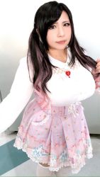 Rule 34 | 1girl, asian, black hair, blouse, breasts, brown eyes, chouzuki maryou, closed mouth, frilled skirt, frills, highres, holding, holding hair, jewelry, kneehighs, large breasts, long hair, long sleeves, looking at viewer, mole, pendant, photo (medium), pink lips, plump, shirt, skirt, socks, solo, standing, white background, white socks, white shirt