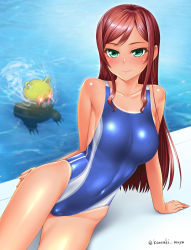 Rule 34 | 10s, 1girl, arm support, bad id, bad pixiv id, bare shoulders, beargguy iii, blush, breasts, brown hair, cameltoe, competition swimsuit, covered navel, green eyes, gundam, gundam build fighters, gundam build fighters try, highleg, highleg swimsuit, kamiki mirai, kanzaki muyu, large breasts, long hair, looking at viewer, lying, on side, one-piece swimsuit, one-piece tan, outdoors, pool, poolside, red hair, shiny clothes, sitting, smile, solo, swimsuit, tan, tanline, twitter username, water