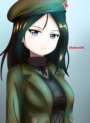 Rule 34 | 1girl, absurdres, beret, black hair, black ribbon, black sweater, blazer, blue eyes, casual, closed mouth, commentary, frown, girls und panzer, green hat, green jacket, grey sweater, half-closed eyes, hat, highres, insignia, jacket, long hair, looking at viewer, neck ribbon, nonna (girls und panzer), redbaron, ribbon, solo, sweater, swept bangs, turtleneck, twitter username, upper body, v-neck